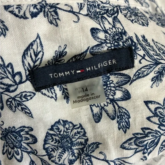 Tommy Hilfiger Blue and White Linen Cotton Floral Button Down Midi Dress - Picture 2 of 6